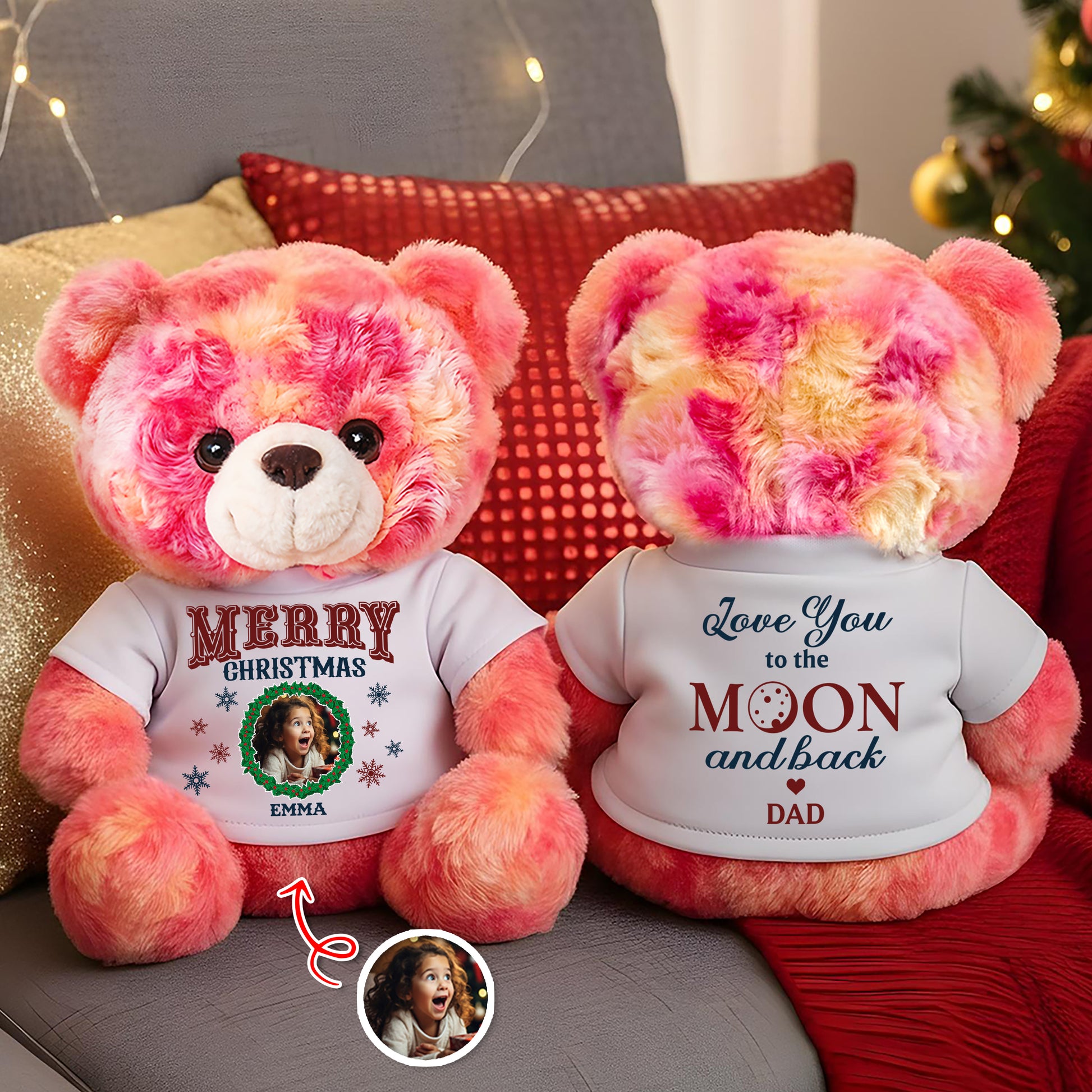 Personalized "Love You to the Moon and Back" memorial teddy bear plush, a custom Christmas keepsake.