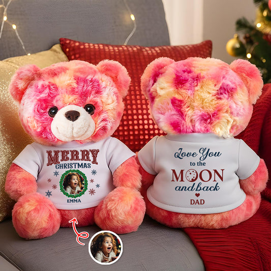 Personalized "Love You to the Moon and Back" memorial teddy bear plush, a custom Christmas keepsake.