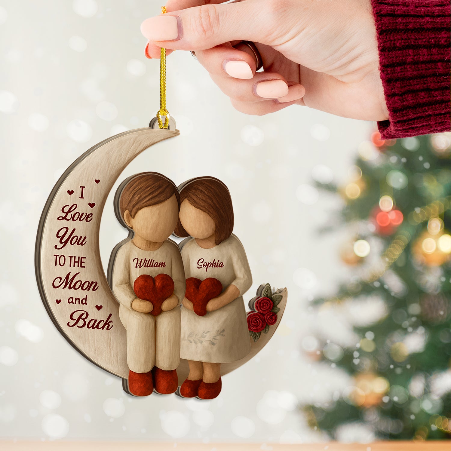 Personalized "Love You to the Moon and Back" Christmas ornament, acrylic holiday decoration.