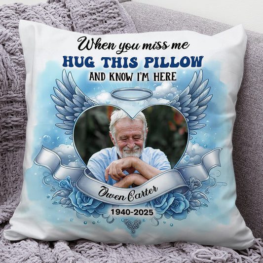 Loving Memorial Personalized Pillow with blue sky background and custom photo.