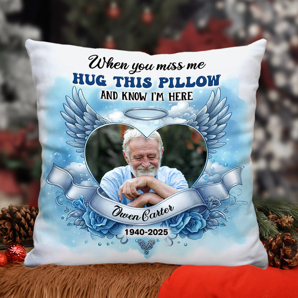 Loving Memorial Personalized Pillow with blue sky background and custom photo.
