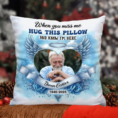 Loving Memorial Personalized Pillow with blue sky background and custom photo.