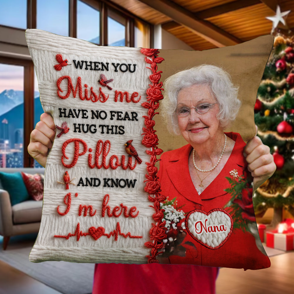 Personalized memorial crochet pillow with custom yarn portrait.