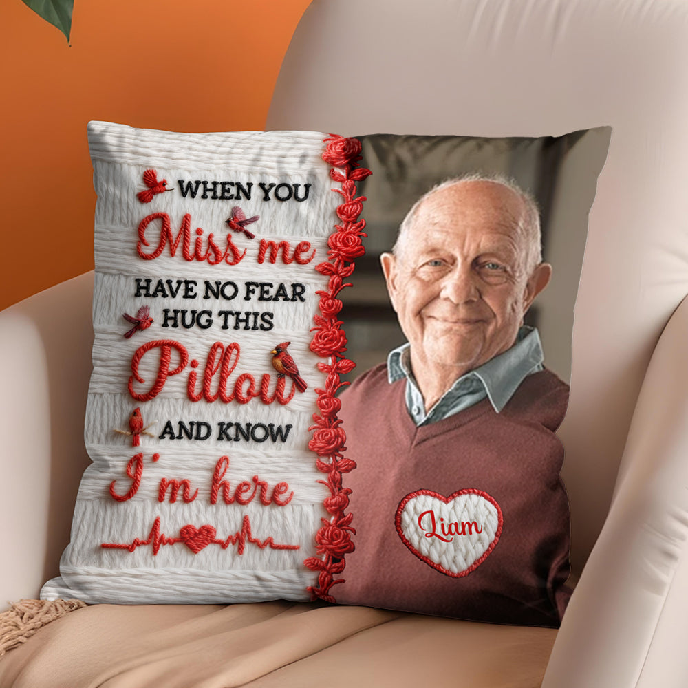 Personalized memorial crochet pillow with custom yarn portrait.