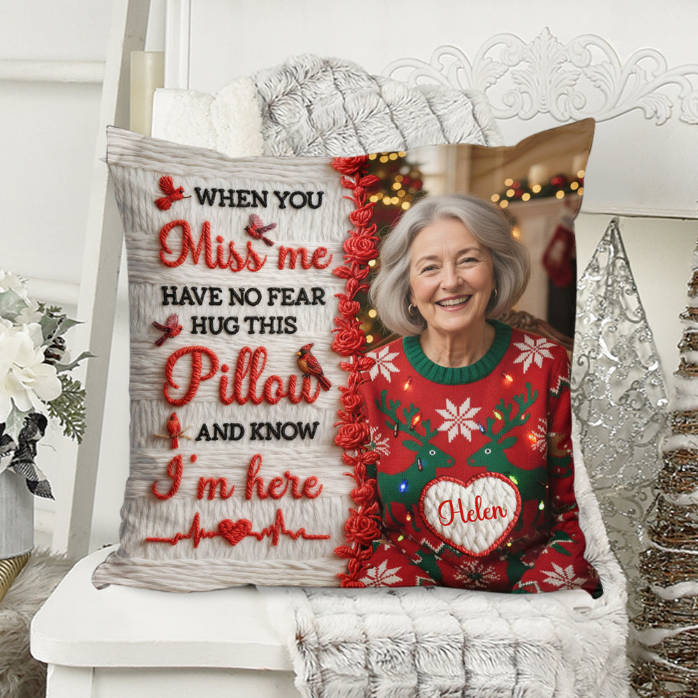 Personalized memorial crochet pillow with custom yarn portrait.