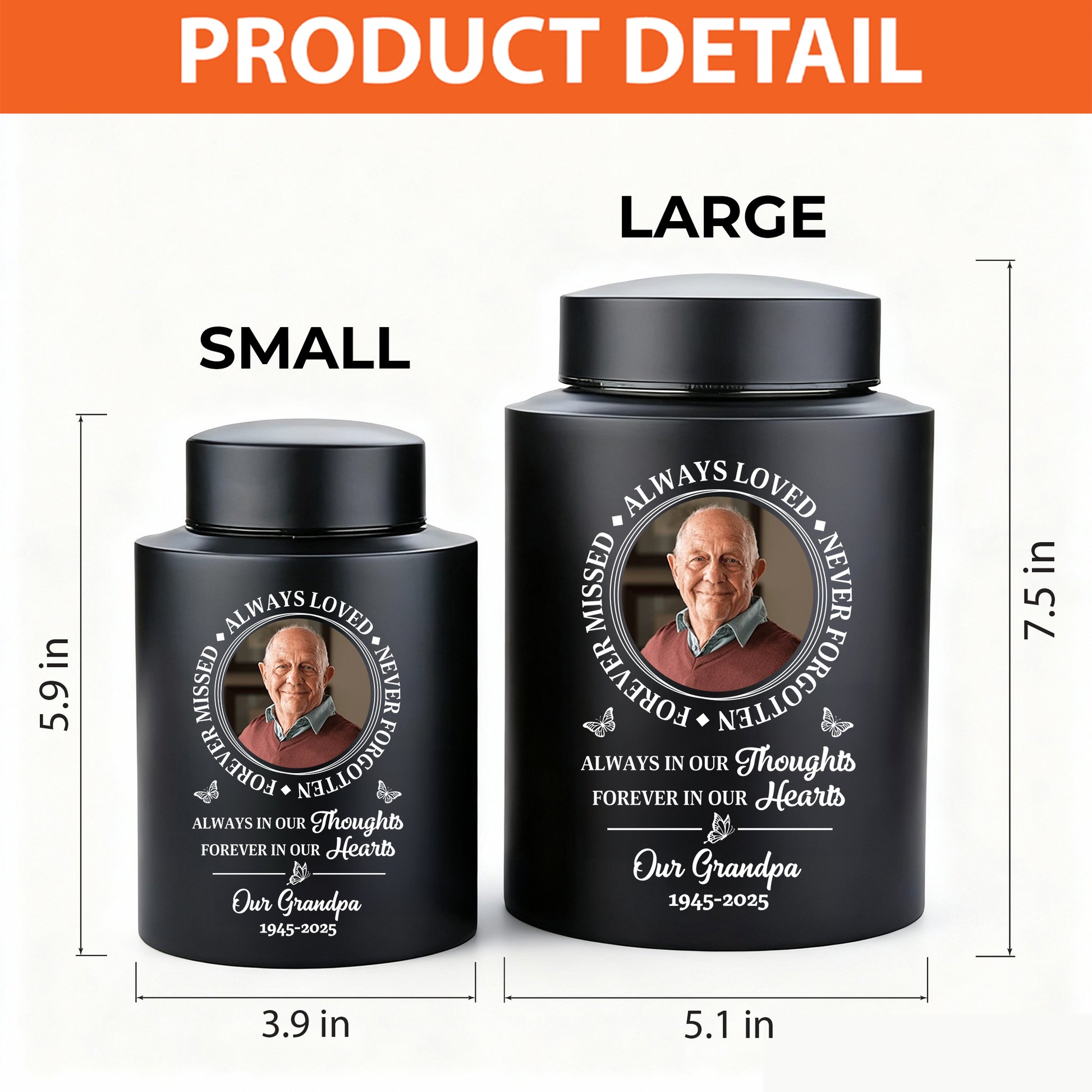 Stainless steel keepsake urn with "Always Loved, Never Forgotten" memorial design.