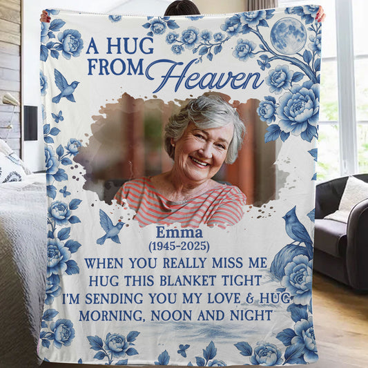 Memorial blanket with blue floral design. A personalized sympathy gift to remember a loved one.