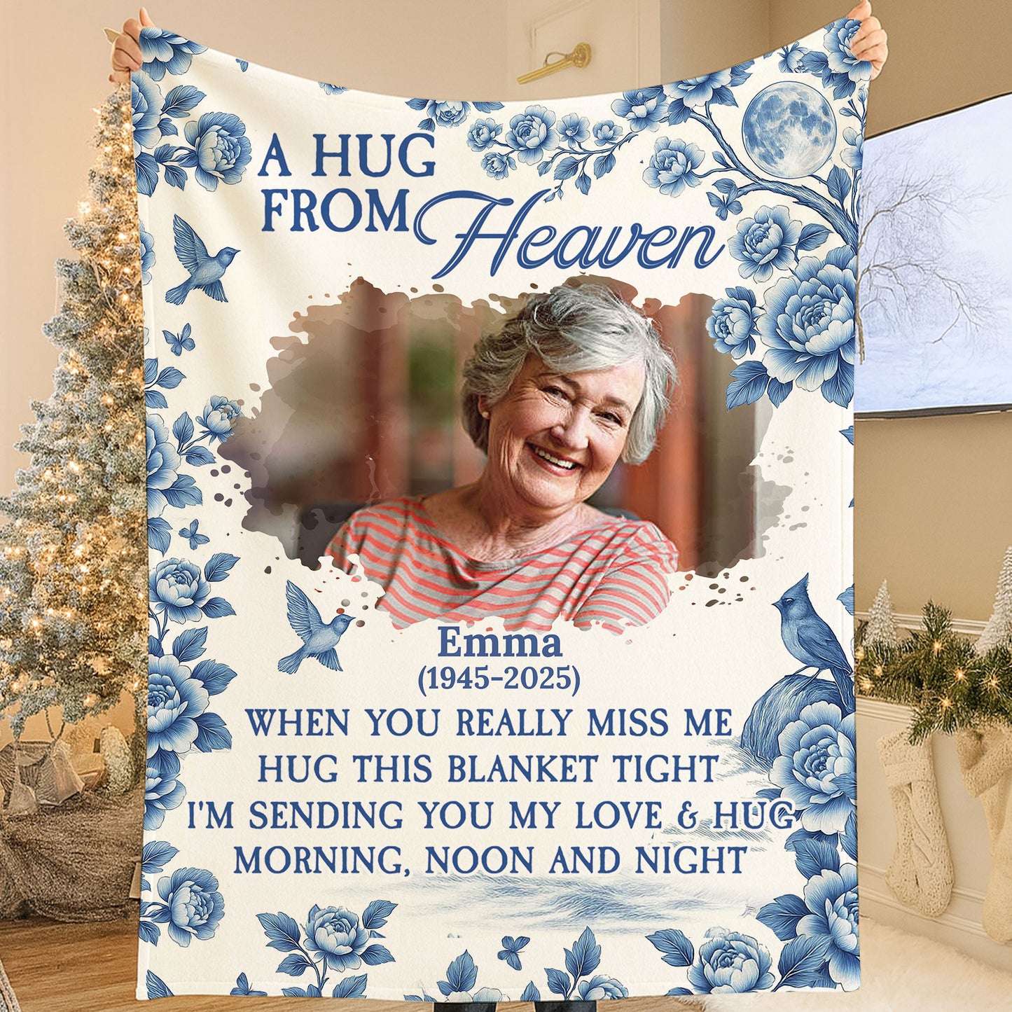 Memorial blanket with blue floral design. A personalized sympathy gift to remember a loved one.