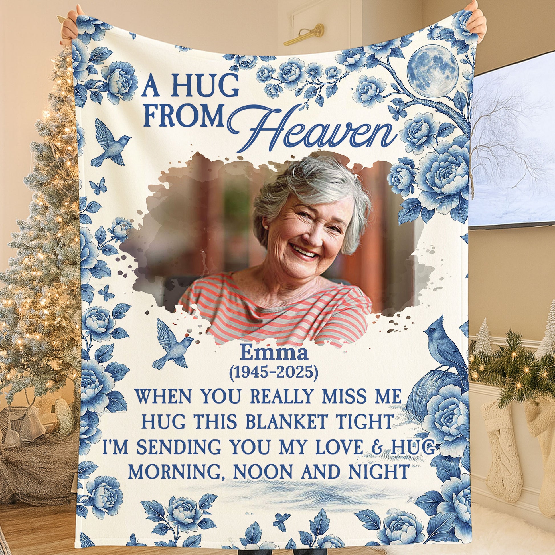 Memorial blanket with blue floral design. A personalized sympathy gift to remember a loved one.