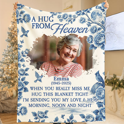 Memorial blanket with blue floral design. A personalized sympathy gift to remember a loved one.