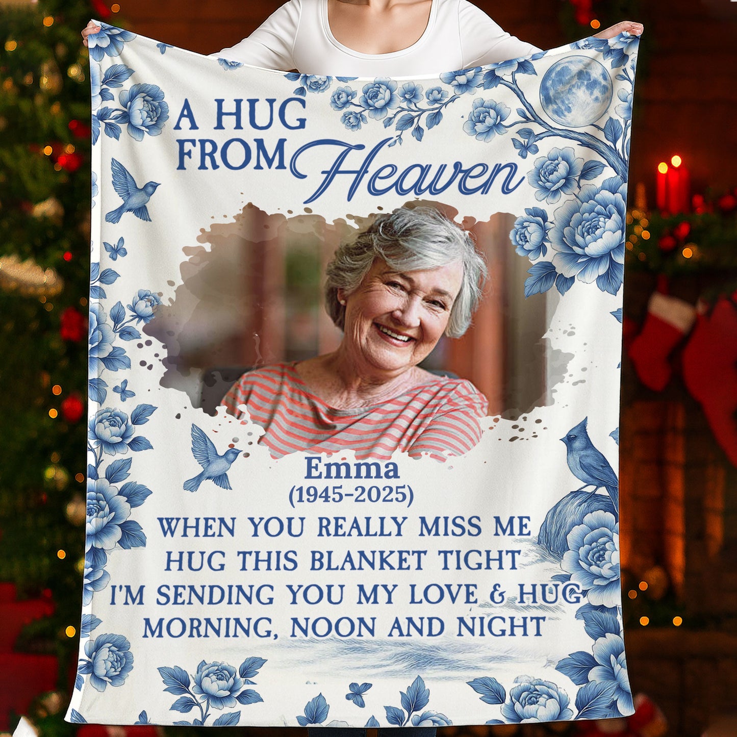 Memorial blanket with blue floral design. A personalized sympathy gift to remember a loved one.