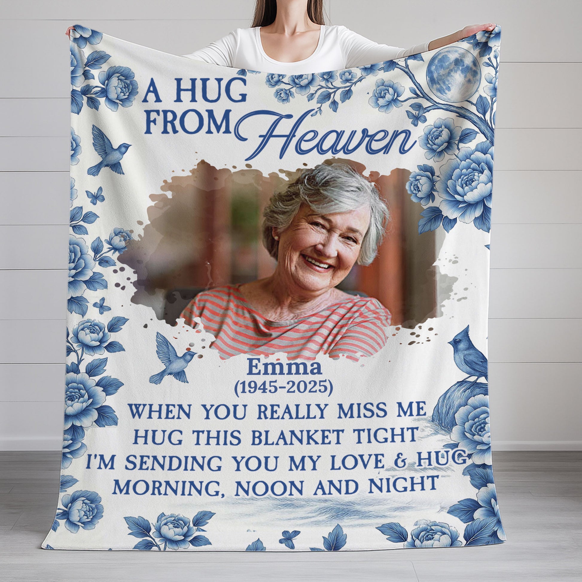 Memorial blanket with blue floral design. A personalized sympathy gift to remember a loved one.