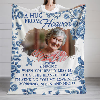 Memorial blanket with blue floral design. A personalized sympathy gift to remember a loved one.