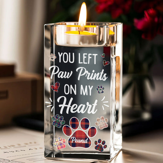 Personalized memorial candle holder for pets, "Paw Prints on My Heart," a touching pet remembrance gift.