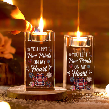 Personalized memorial candle holder for pets, "Paw Prints on My Heart," a touching pet remembrance gift.