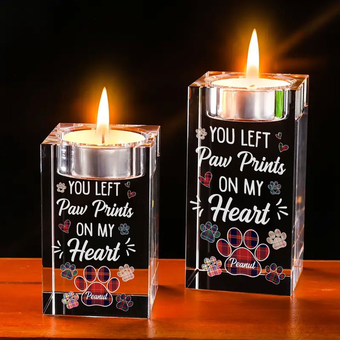 Personalized memorial candle holder for pets, "Paw Prints on My Heart," a touching pet remembrance gift.