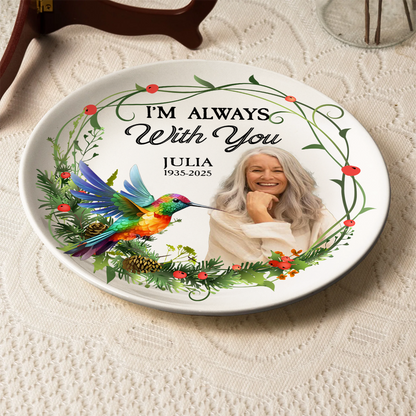 Personalized memorial plate with "My Mind Still Talks to You" design. A touching sympathy gift.