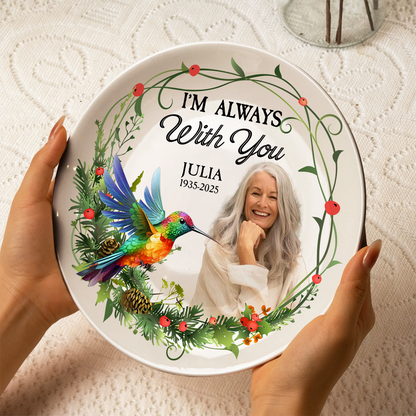 Personalized memorial plate with "My Mind Still Talks to You" design. A touching sympathy gift.