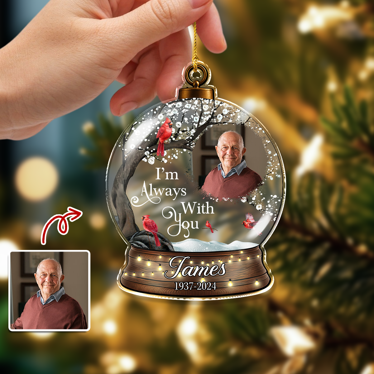 Personalized Memorial Snowball Ornament: Custom acrylic ornament to honor loved ones.