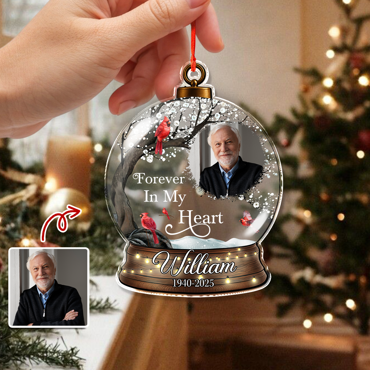 Personalized Memorial Snowball Ornament: Custom acrylic ornament to honor loved ones.