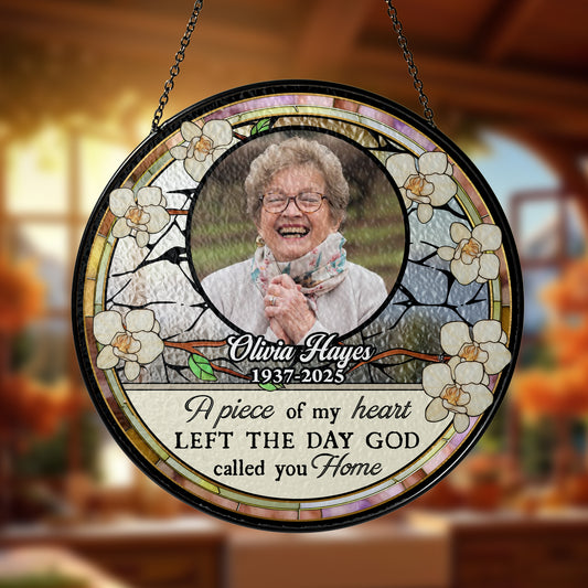 Personalized photo stained glass suncatcher; memorial gift to remember loved ones.
