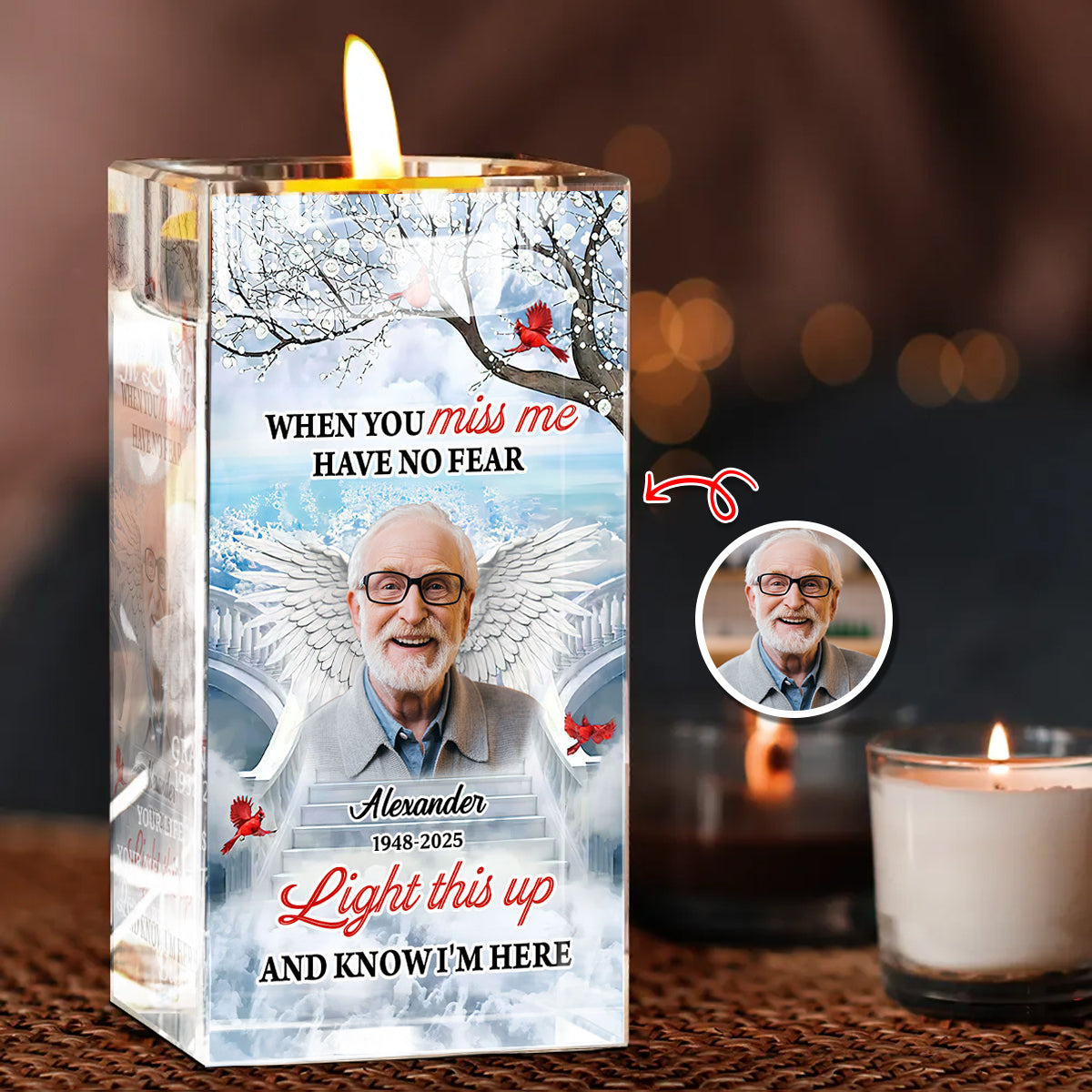 Personalized memorial crystal candle holder with photo and angel wings for remembrance.