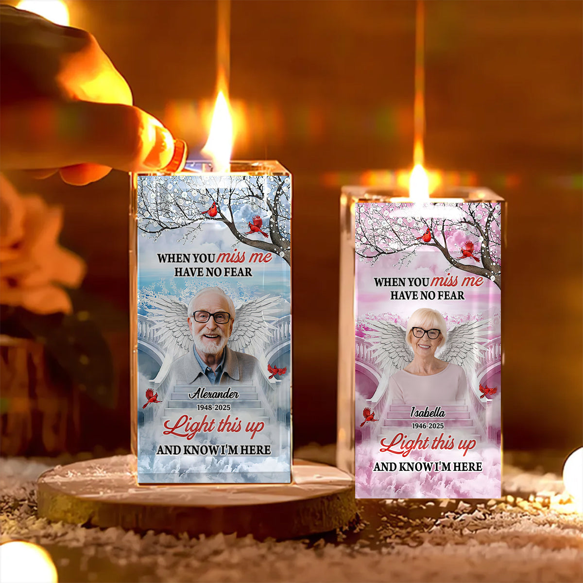 Personalized memorial crystal candle holder with photo and angel wings for remembrance.