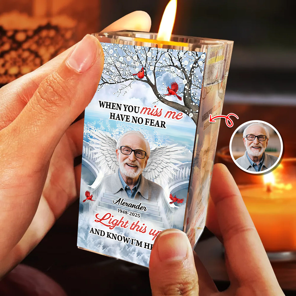 Personalized memorial crystal candle holder with photo and angel wings for remembrance.