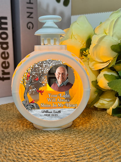 Memorial candlelight lantern ornament: "Your Light Will Always Shine In My Heart"