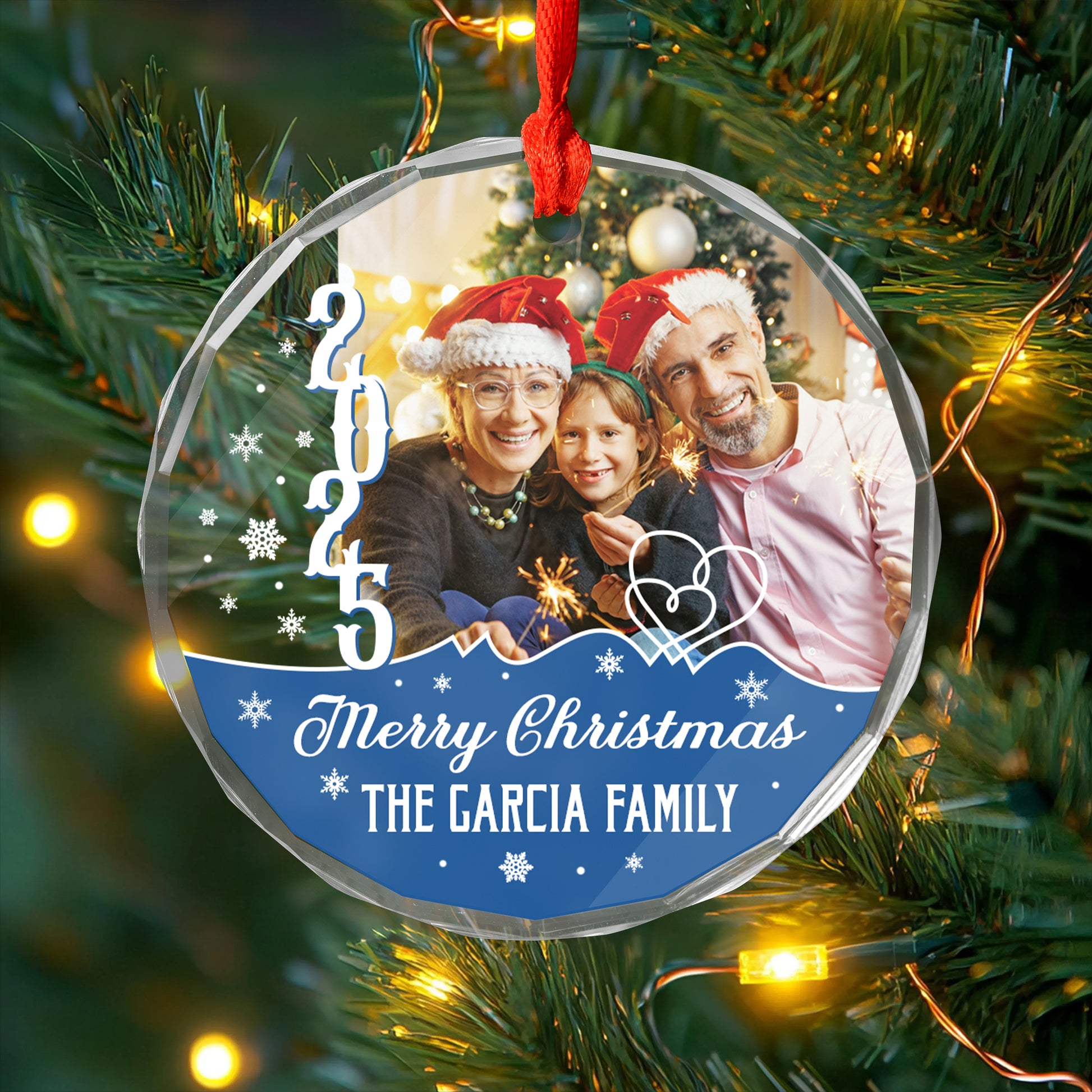 Personalized "Merry Christmas 2025" glass ornament with custom name, perfect holiday keepsake.