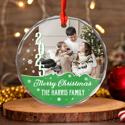 Personalized "Merry Christmas 2025" glass ornament with custom name, perfect holiday keepsake.