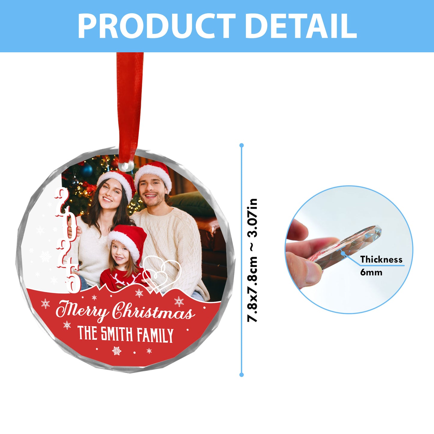 Personalized "Merry Christmas 2025" glass ornament with custom name, perfect holiday keepsake.