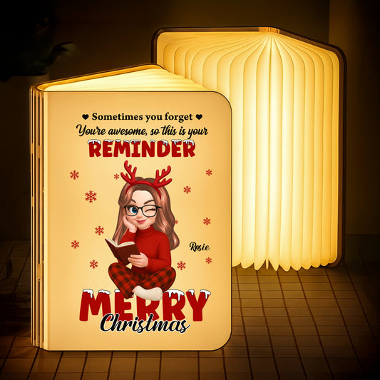 Personalized "Merry Christmas Awesome" book lamp, a unique holiday gift from Jillian Customs.