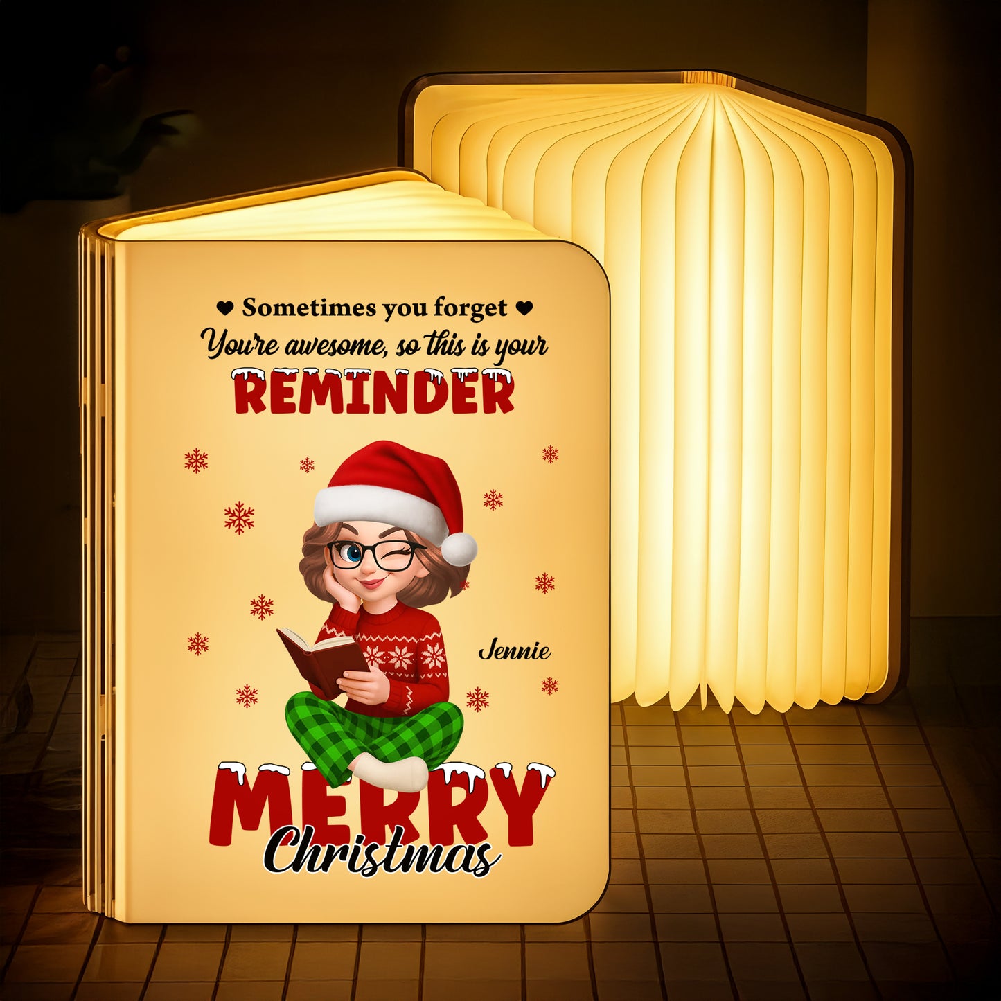 Personalized "Merry Christmas Awesome" book lamp, a unique holiday gift from Jillian Customs.