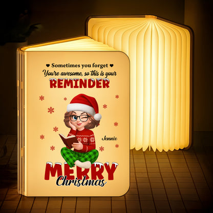 Personalized "Merry Christmas Awesome" book lamp, a unique holiday gift from Jillian Customs.