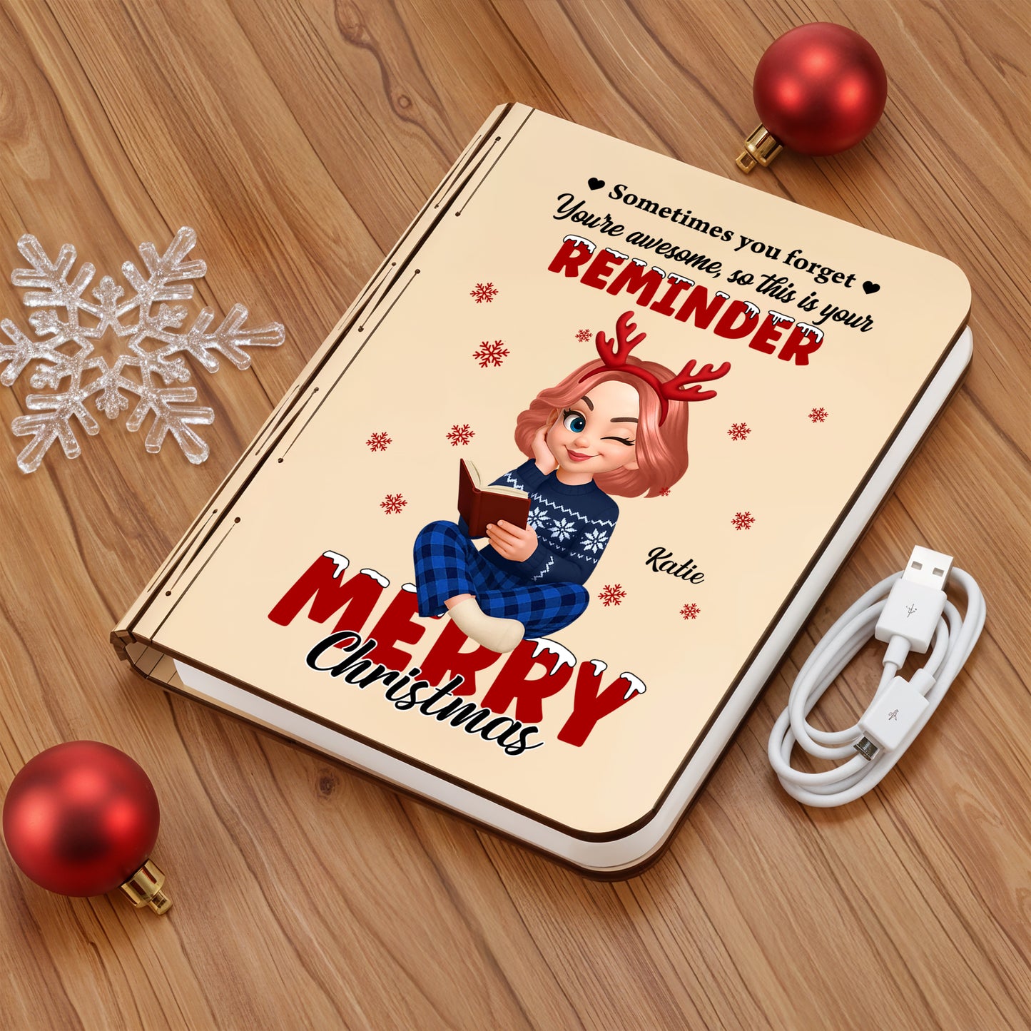 Personalized "Merry Christmas Awesome" book lamp, a unique holiday gift from Jillian Customs.