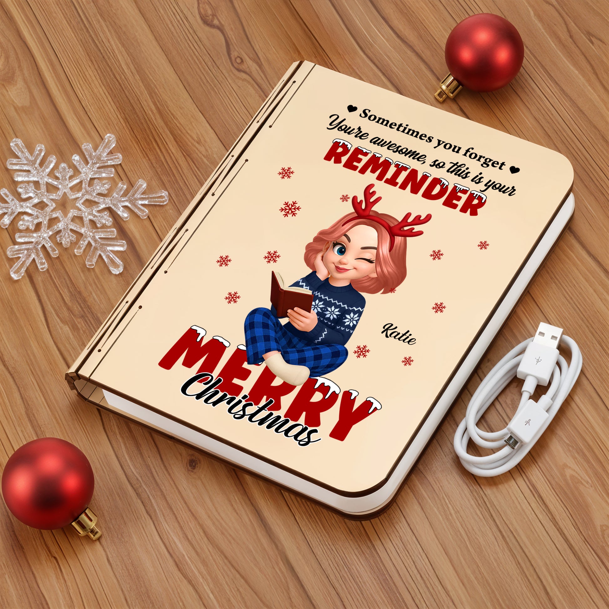 Personalized "Merry Christmas Awesome" book lamp, a unique holiday gift from Jillian Customs.