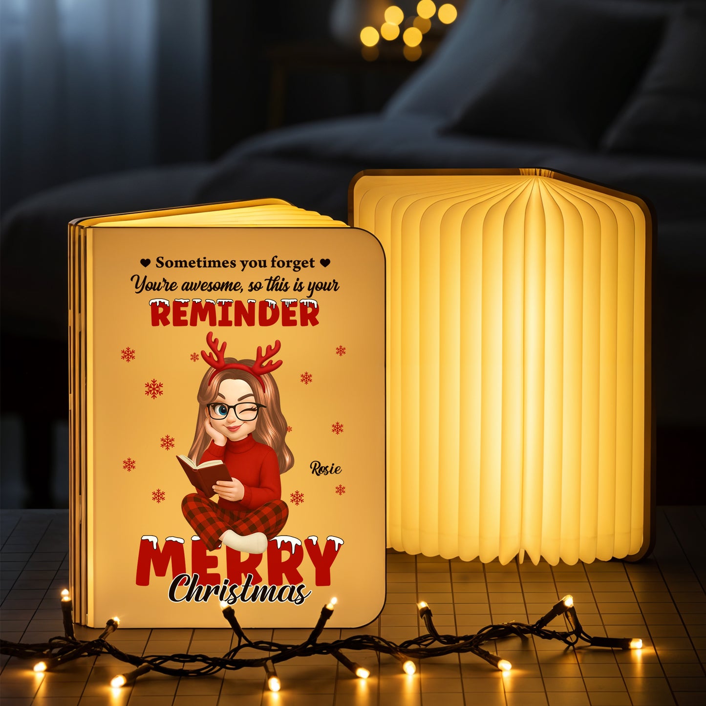 Personalized "Merry Christmas Awesome" book lamp, a unique holiday gift from Jillian Customs.