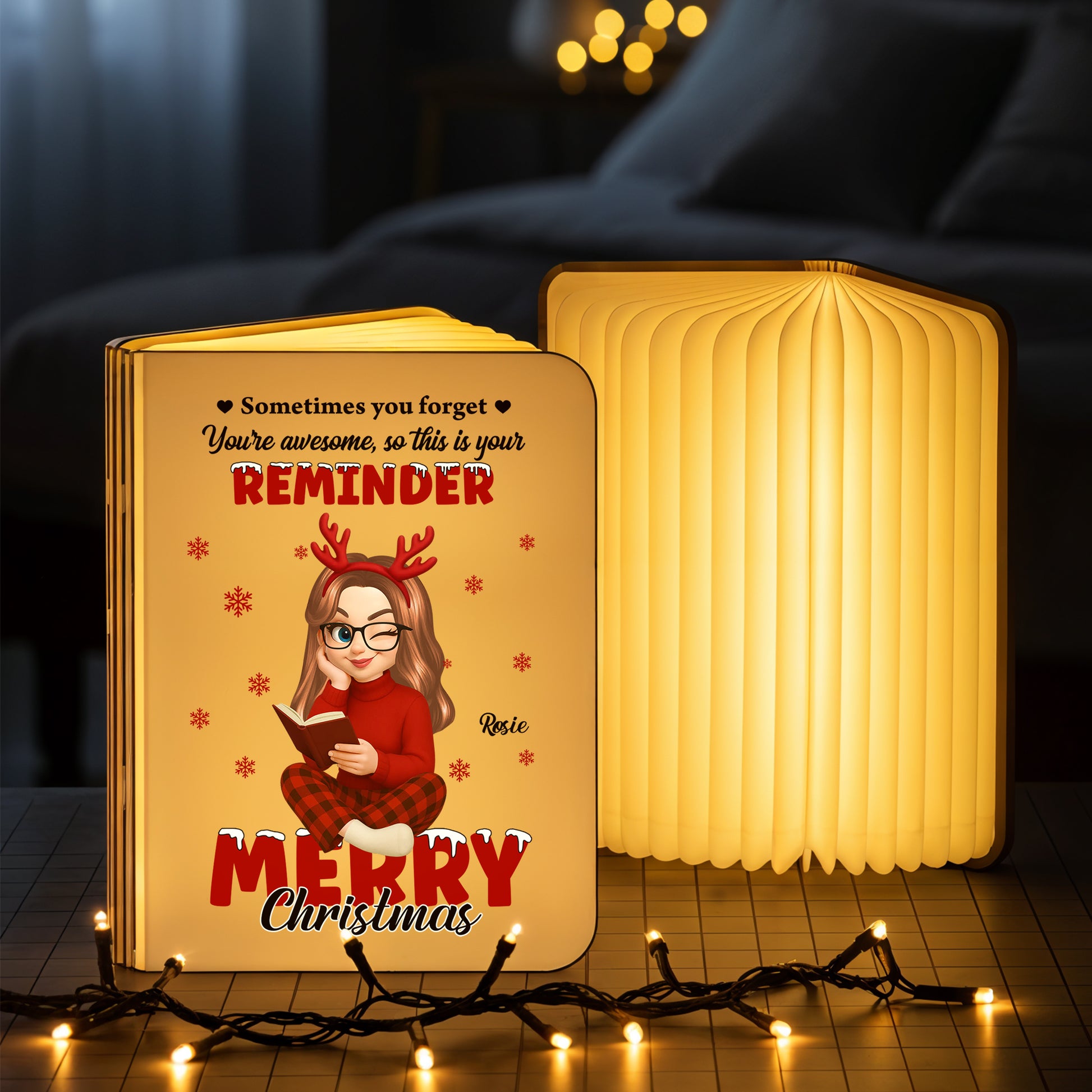 Personalized "Merry Christmas Awesome" book lamp, a unique holiday gift from Jillian Customs.