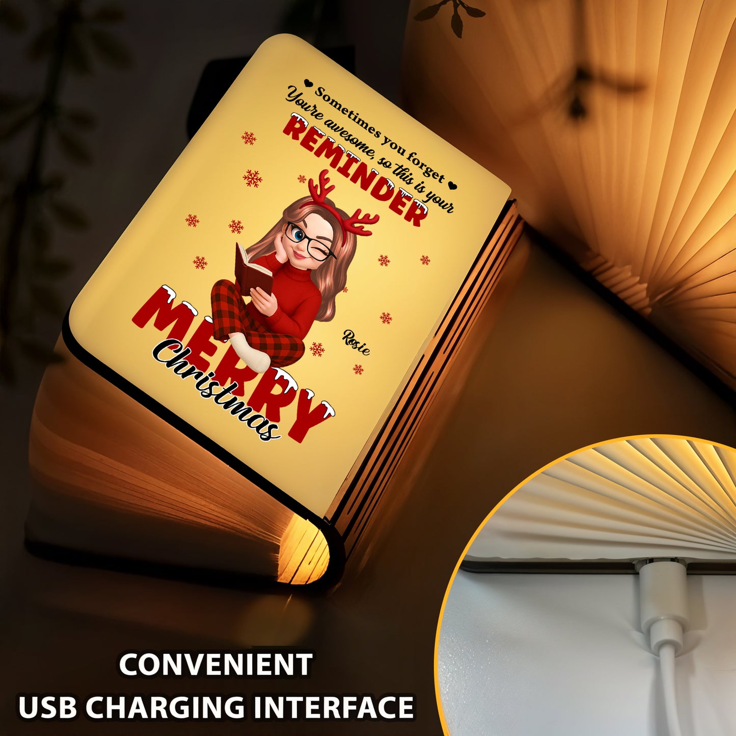 Personalized "Merry Christmas Awesome" book lamp, a unique holiday gift from Jillian Customs.