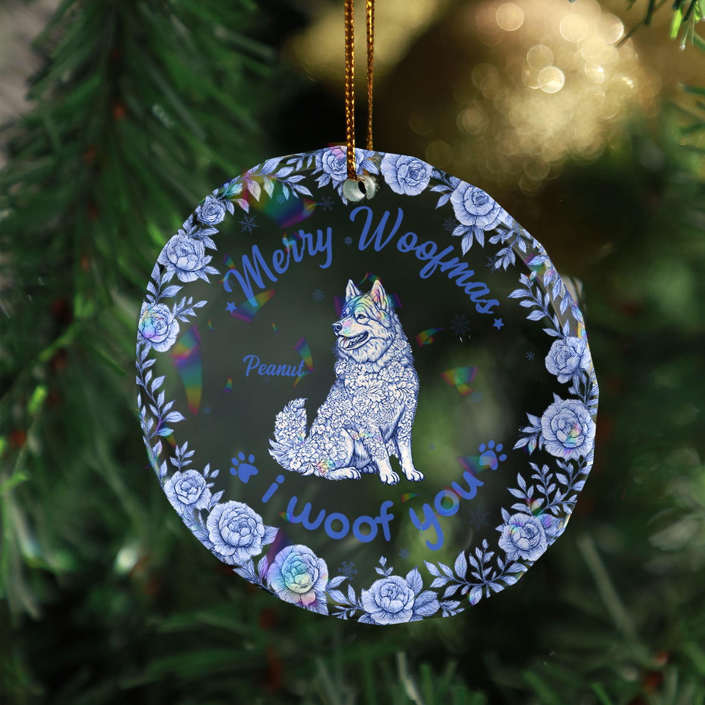 Personalized "Merry Christmas" dog floral glass ornament.