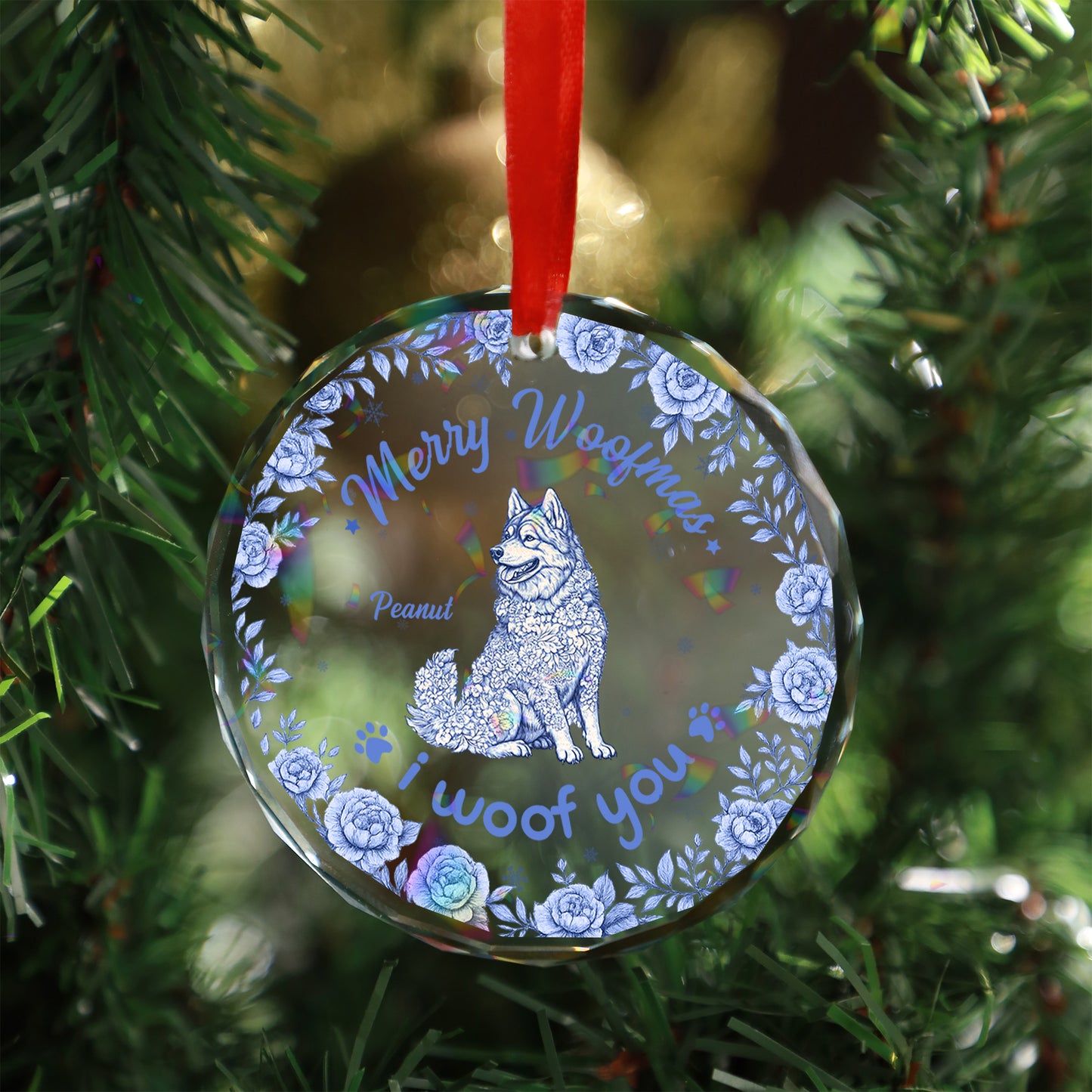 Personalized "Merry Christmas" dog floral glass ornament.