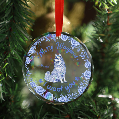 Personalized "Merry Christmas" dog floral glass ornament.