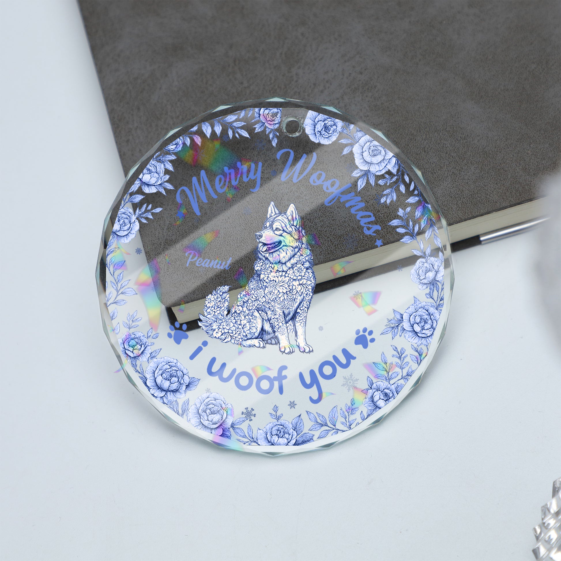 Personalized "Merry Christmas" dog floral glass ornament.