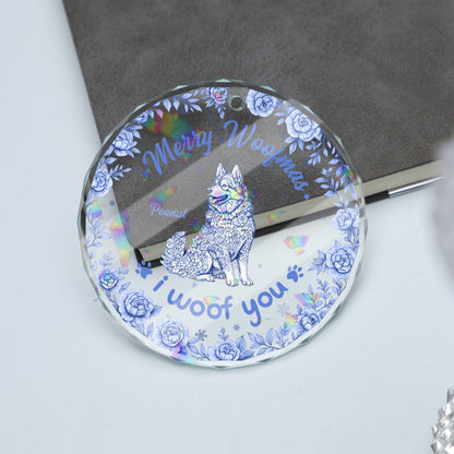 Personalized "Merry Christmas" dog floral glass ornament.