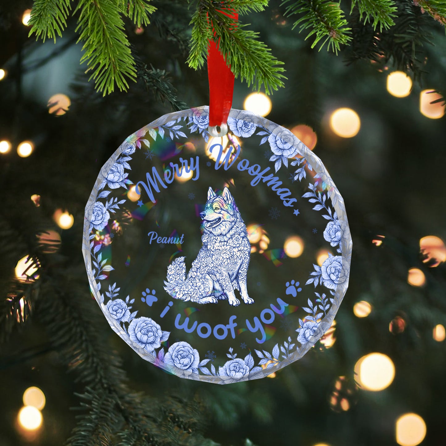 Personalized "Merry Christmas" dog floral glass ornament.