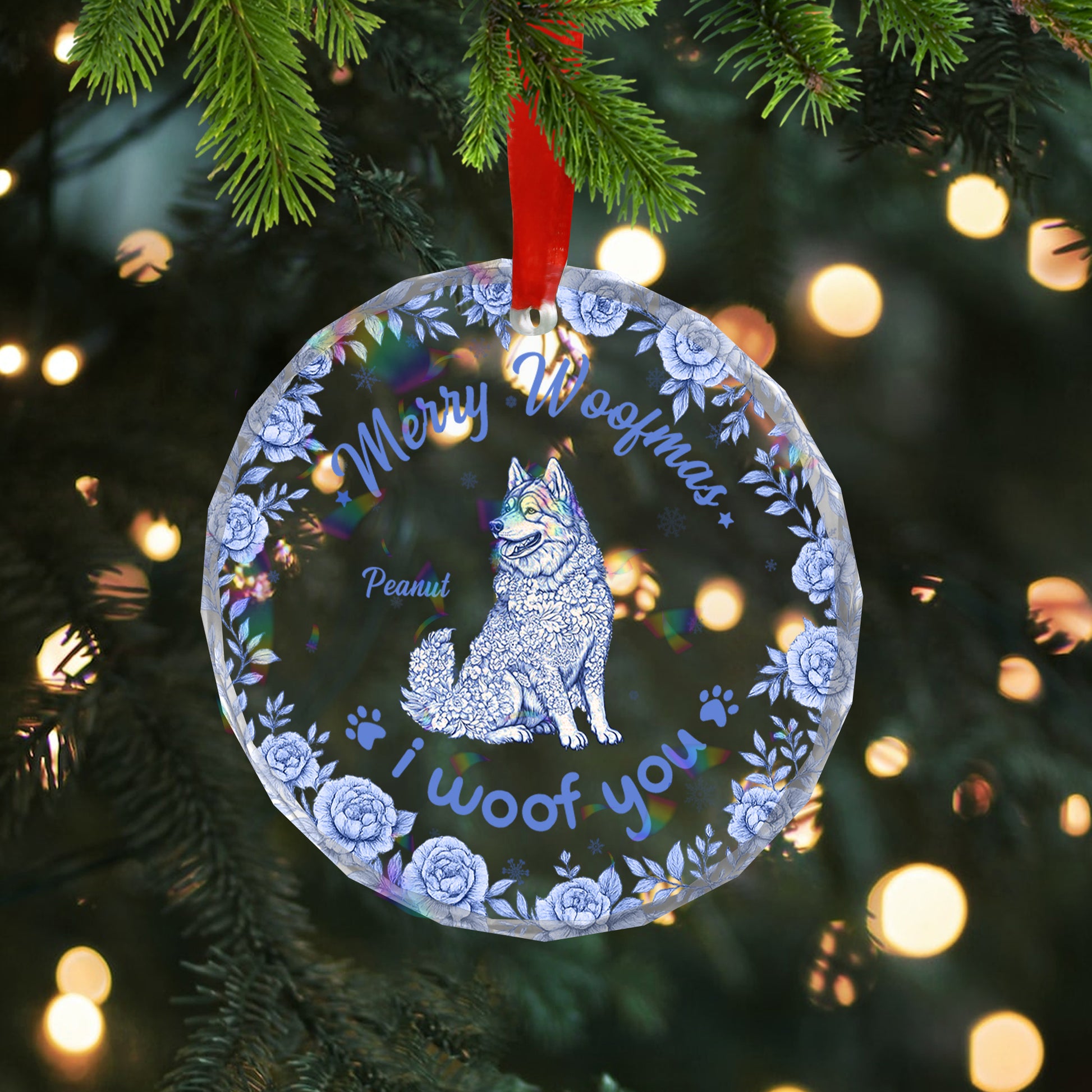 Personalized "Merry Christmas" dog floral glass ornament.
