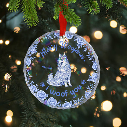 Personalized "Merry Christmas" dog floral glass ornament.