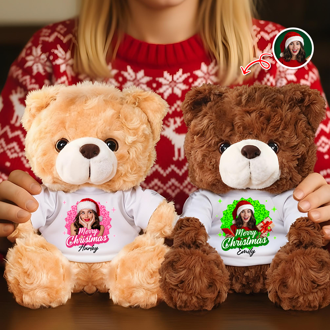 Personalized memorial teddy bear with "Merry Christmas" message, a custom sympathy gift.