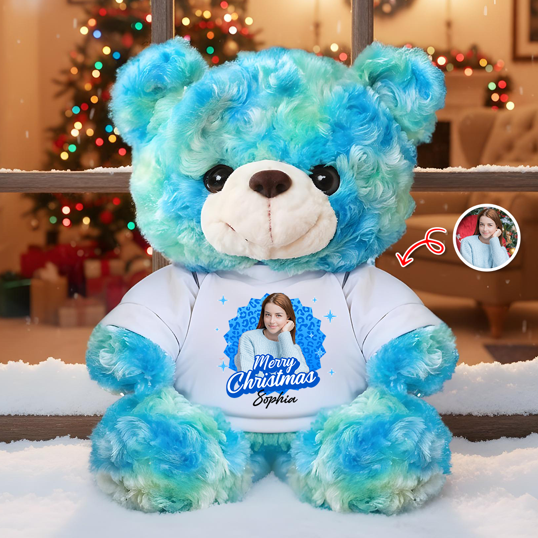 Personalized memorial teddy bear with "Merry Christmas" message, a custom sympathy gift.